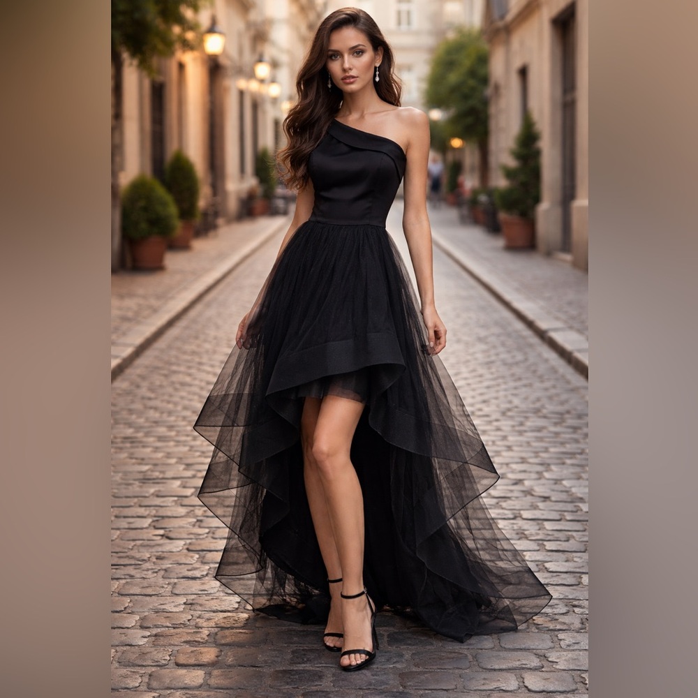 Elegant Chi Chi London Black One-Shoulder Layered Tulle High Low Gown.